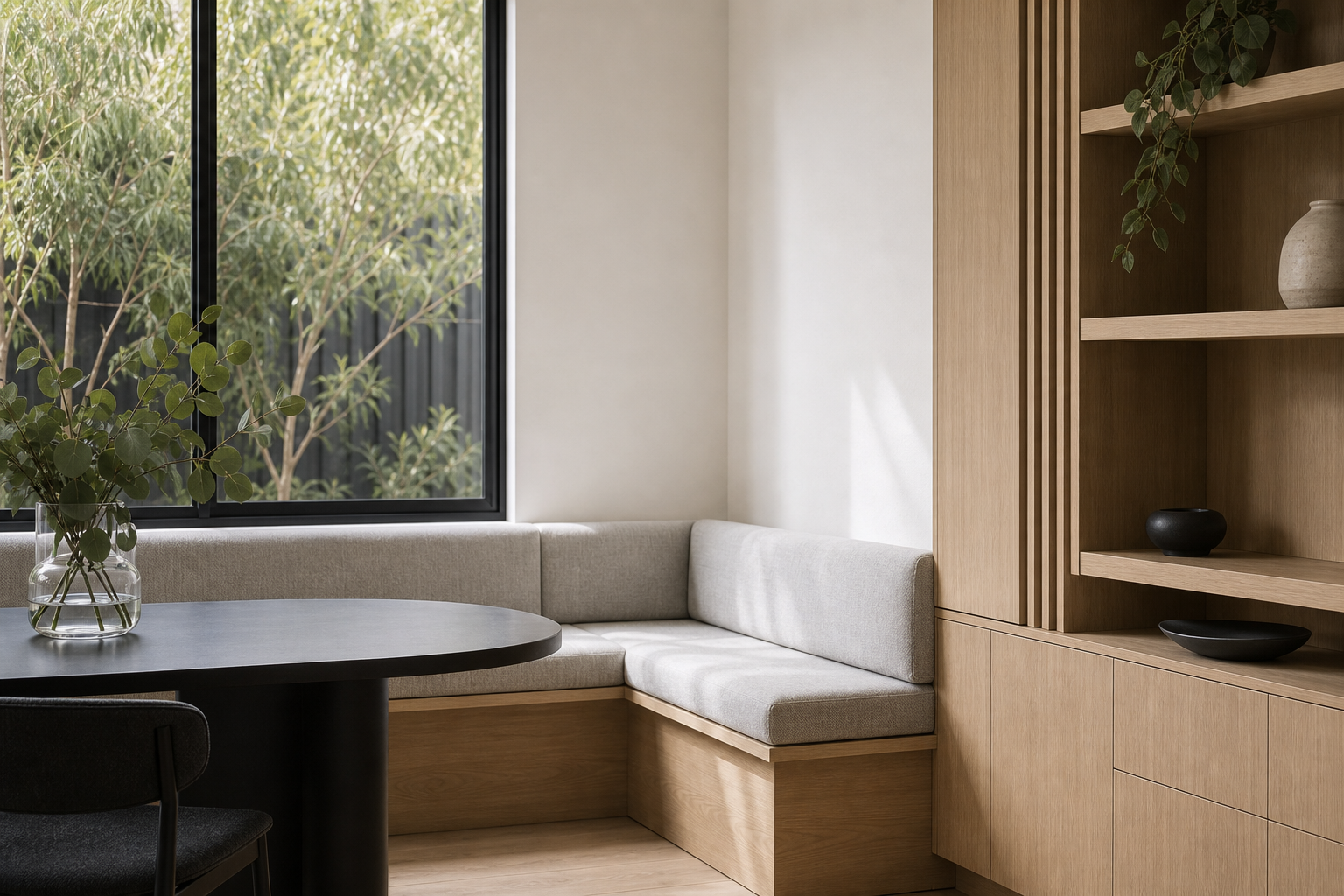 Sunlit residential dining nook and joinery detail