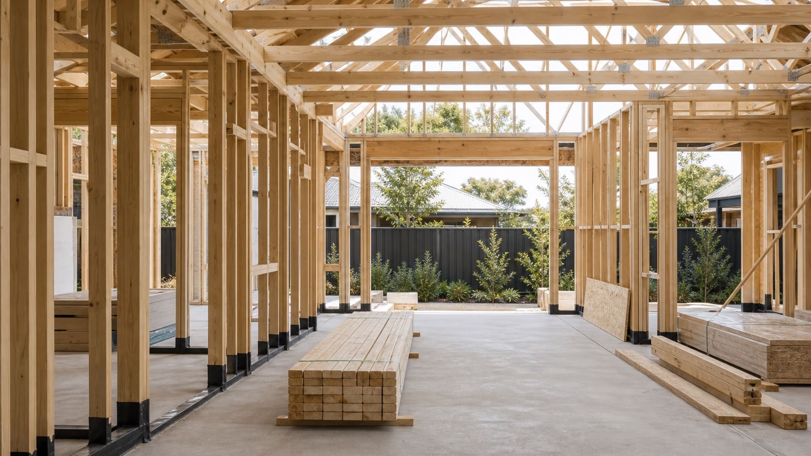 Timber frame under construction, trades coordinated on site